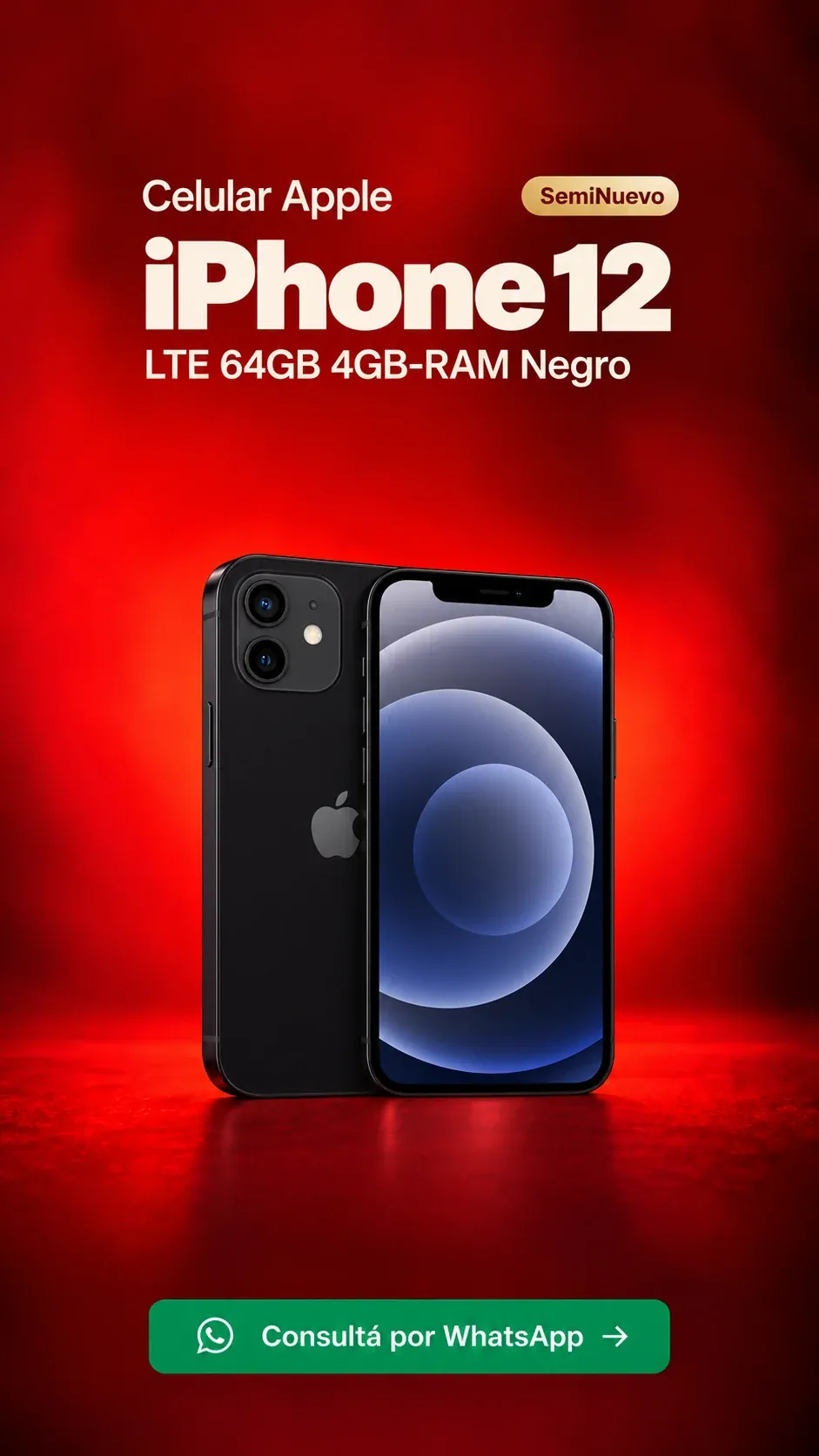 iPhone 12 LTE 64GB 4GB RAM Negro (seminuevo) ₡137,500