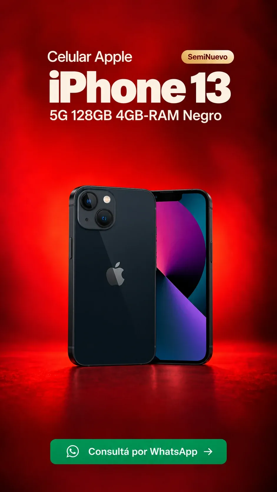 iPhone 13 5G 128GB 4GB RAM Negro (seminuevo) ₡155,900
