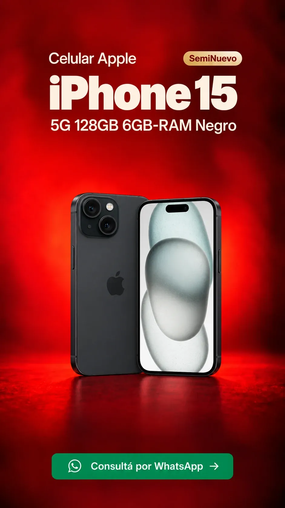 iPhone 15 5G 128GB 6GB RAM Negro (seminuevo) ₡234,900