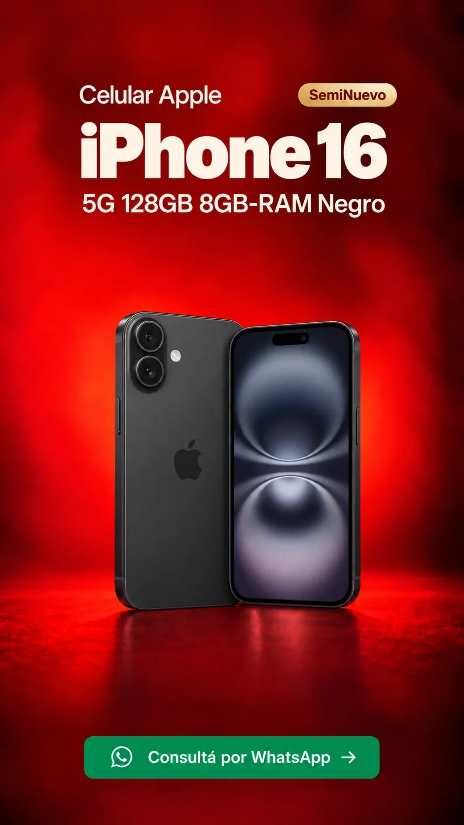 iPhone 16 5G 128GB 8GB RAM Negro (seminuevo) ₡322,500